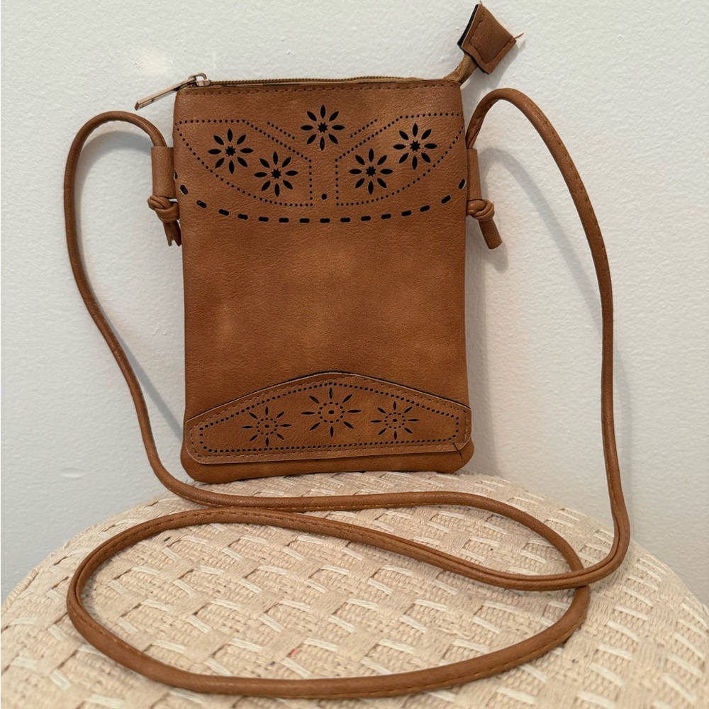 Brown Crossbody Bag with Floral Cutouts